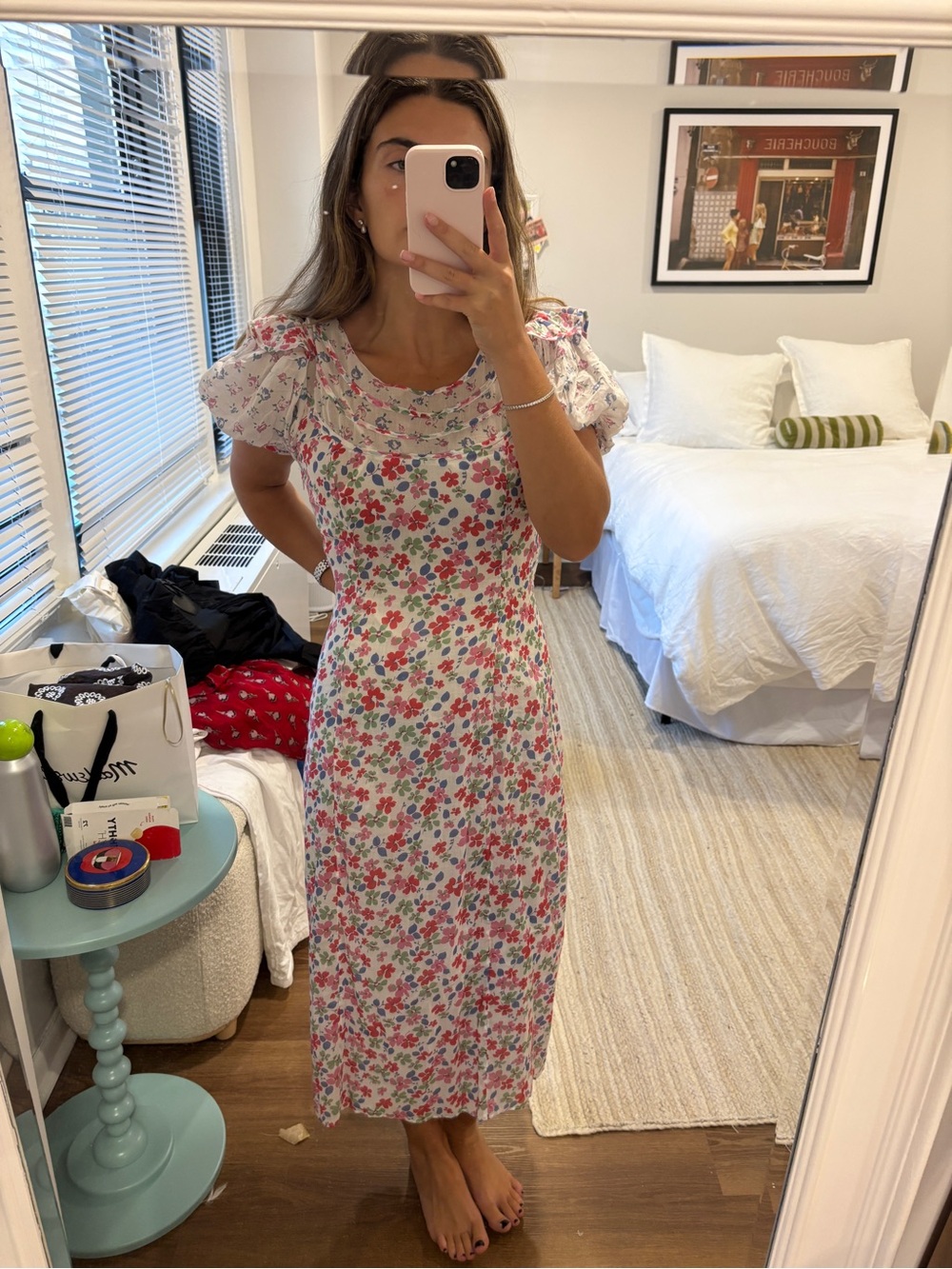 Floral Puff-Sleeve Midi Dress in Pink and White
